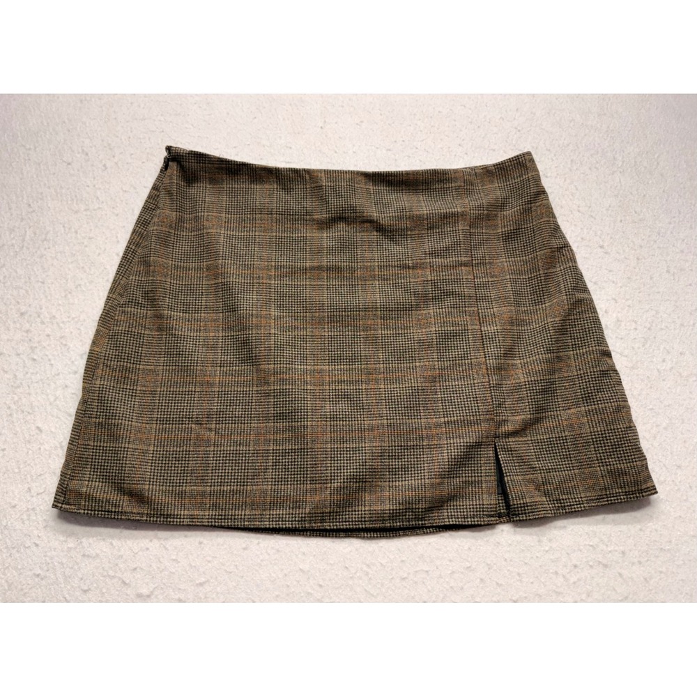 Old Navy Womens XL Brown Glen Plaid Mini Skirt Side Slit Lined Academic A-Line